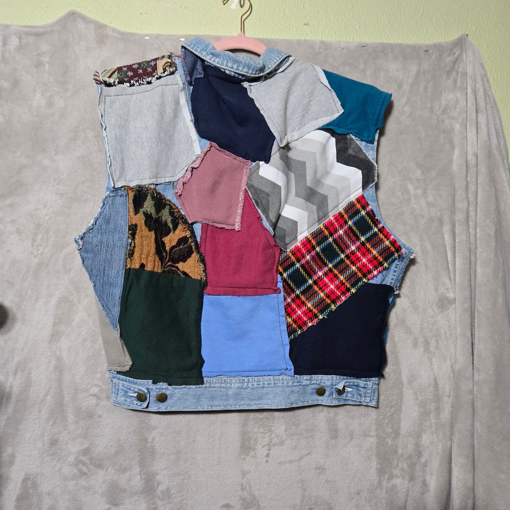 Vintage Style Handmade Patchwork Denim Vest OFAK M‎ Colorful Boho  Y2kJacket - Picture 3 of 9